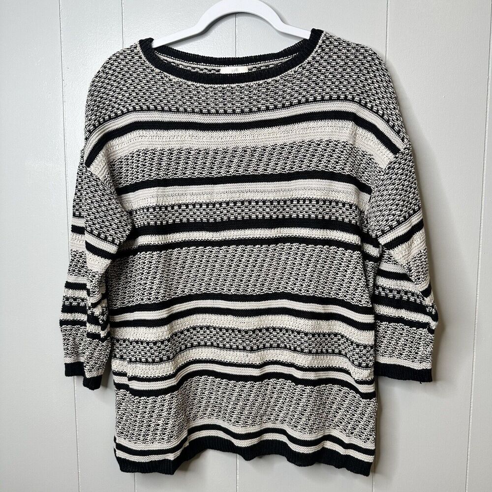 J Jill Women Oversized Sweater Size Small Knit Stripe Linen Blend Black White
